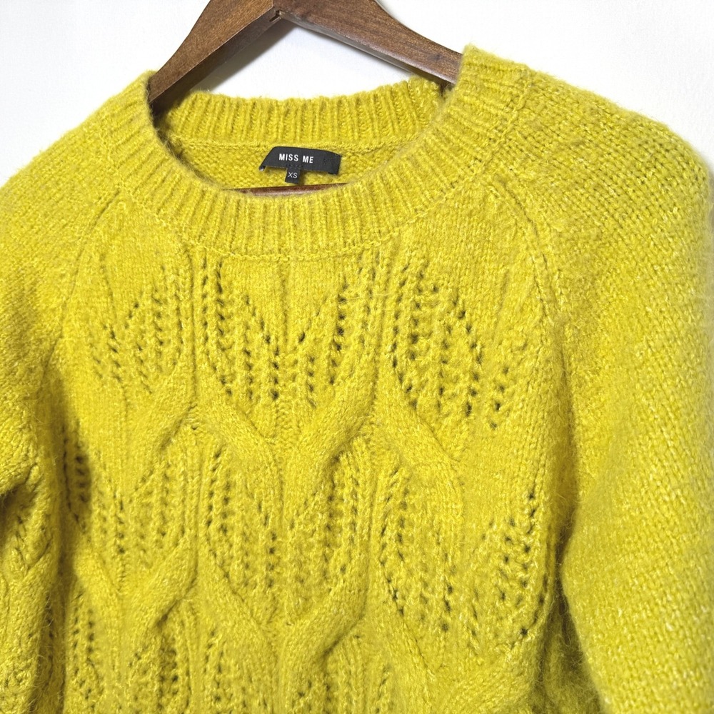 Miss Me Womens Chartreuse Yellow Cable Knit Fuzzy Crew Neck Sweater MSW0080L XS
